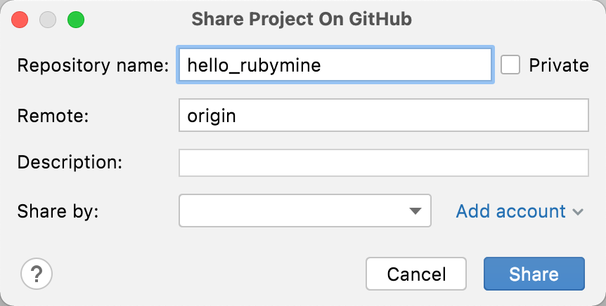 Share project on GitHub dialog Share project on GitHub dialog
