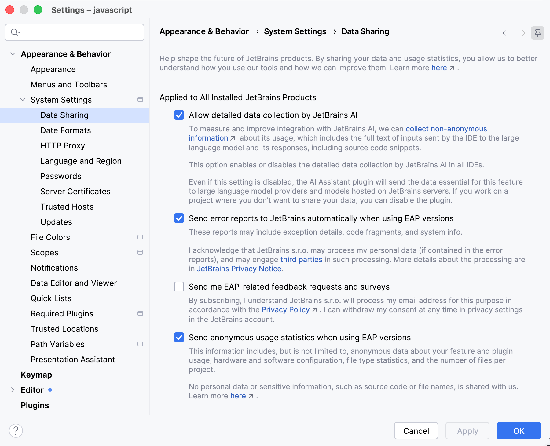 Data Sharing dialog in the EAP version