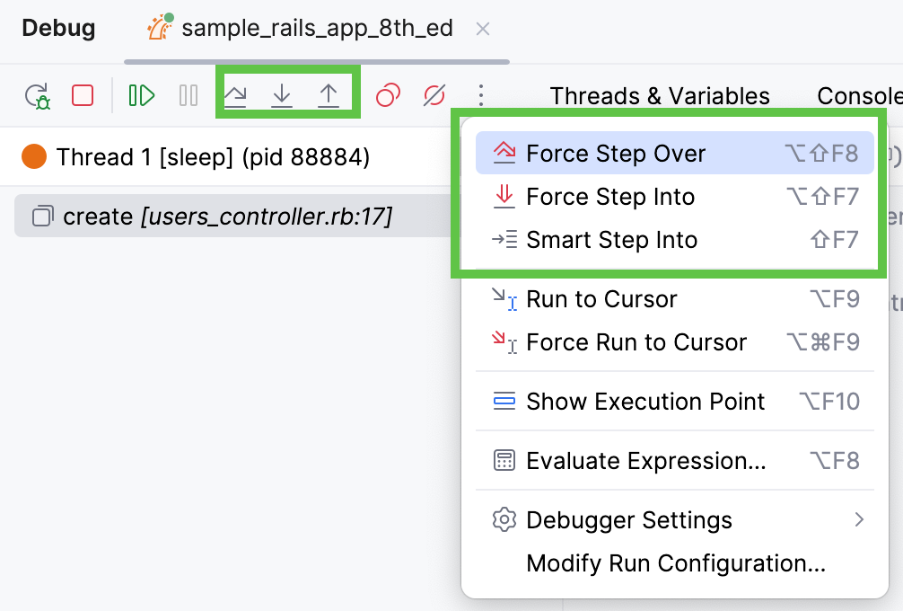 Stepping buttons in the Debug tool window Stepping buttons in the Debug tool window