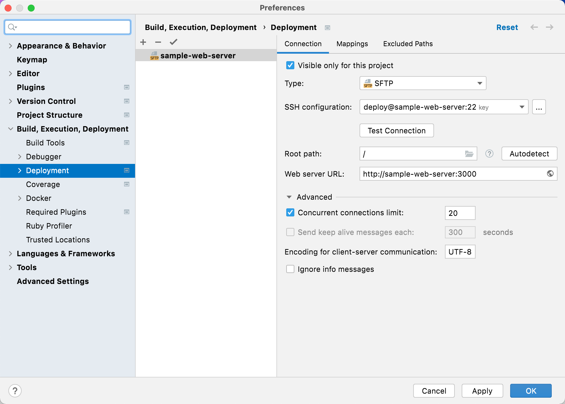 Deployment configuration: Connection tab Deployment configuration: Connection tab