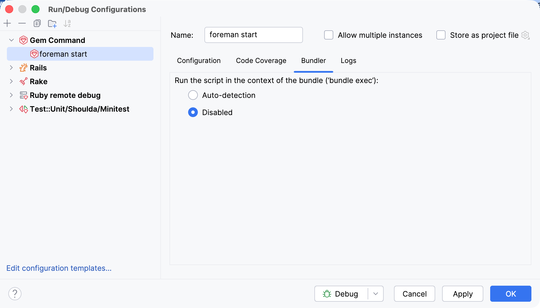 Disabling bundle context for debugging with Foreman