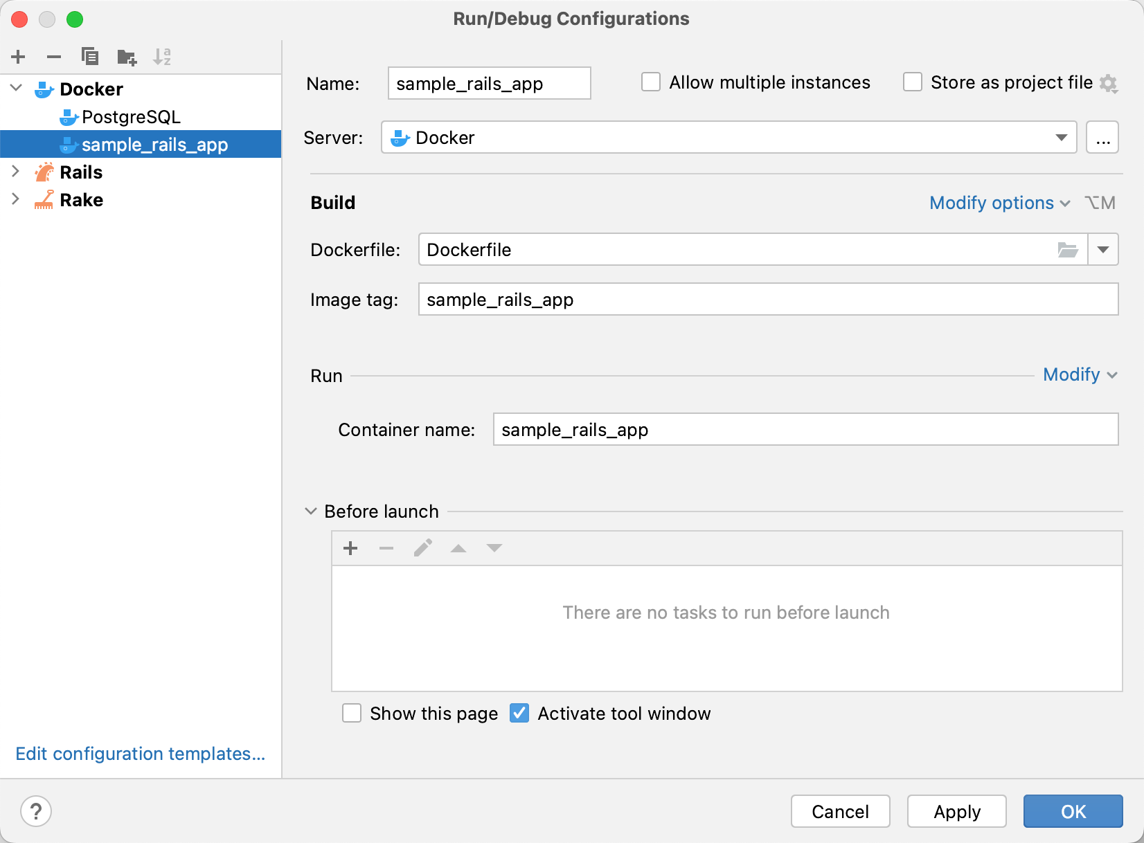 Dockerfile run configuration dialog Dockerfile run configuration dialog
