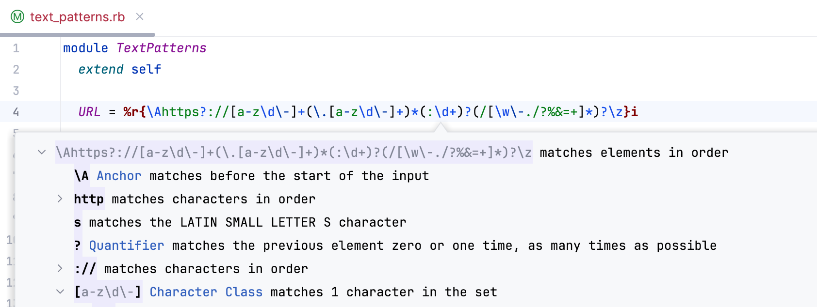 A popup with an explanation of a regular expression