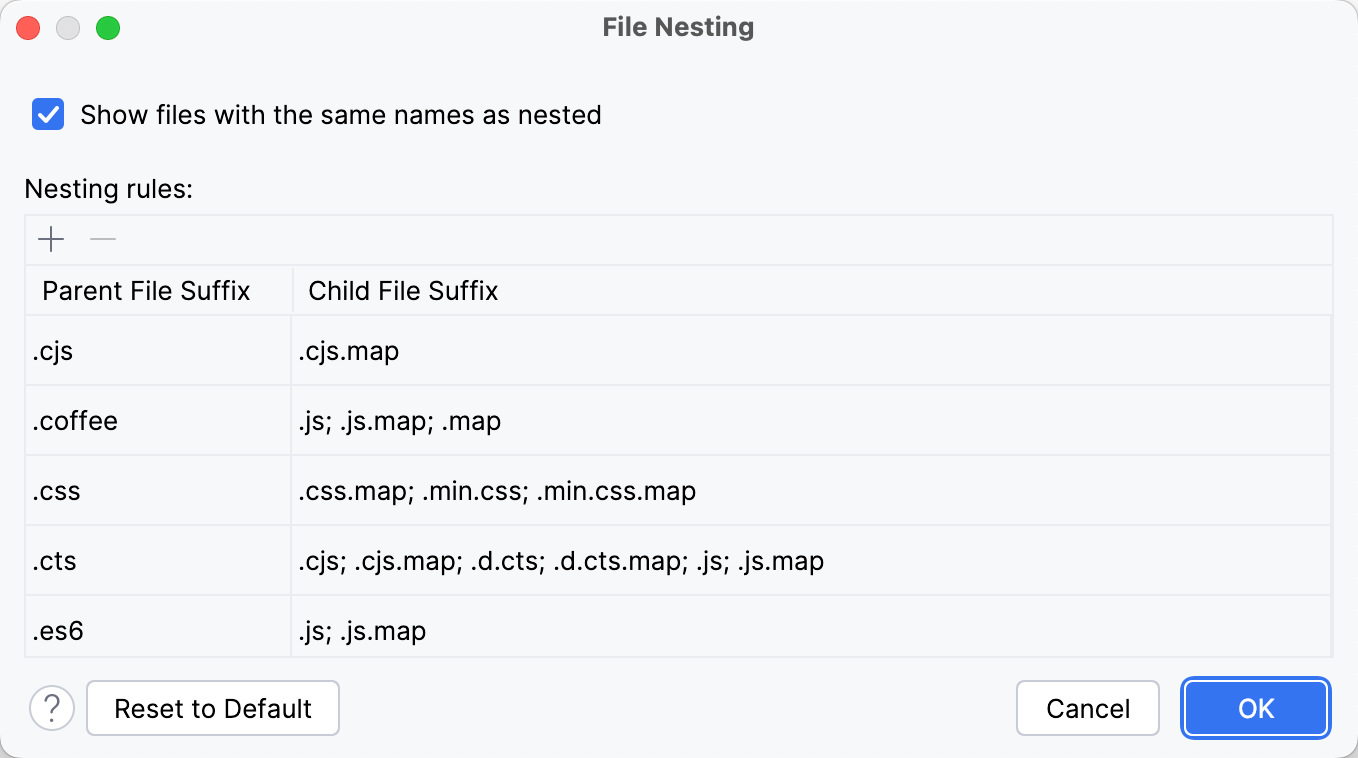 the File Nesting dialog the File Nesting dialog