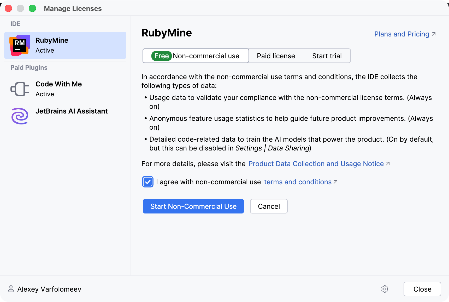 RubyMine: The Licenses dialog with the option to activate a free license RubyMine: The Licenses dialog with the option to activate a free license