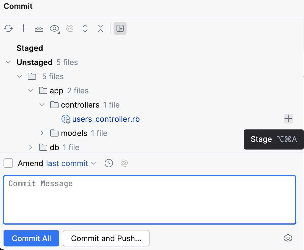 Stage from the Commit tool window