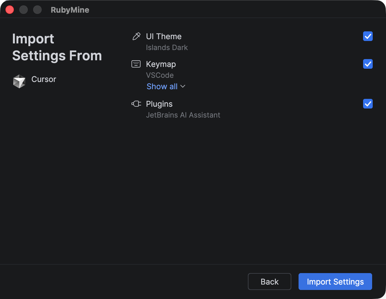 Cursor settings selection Cursor settings selection