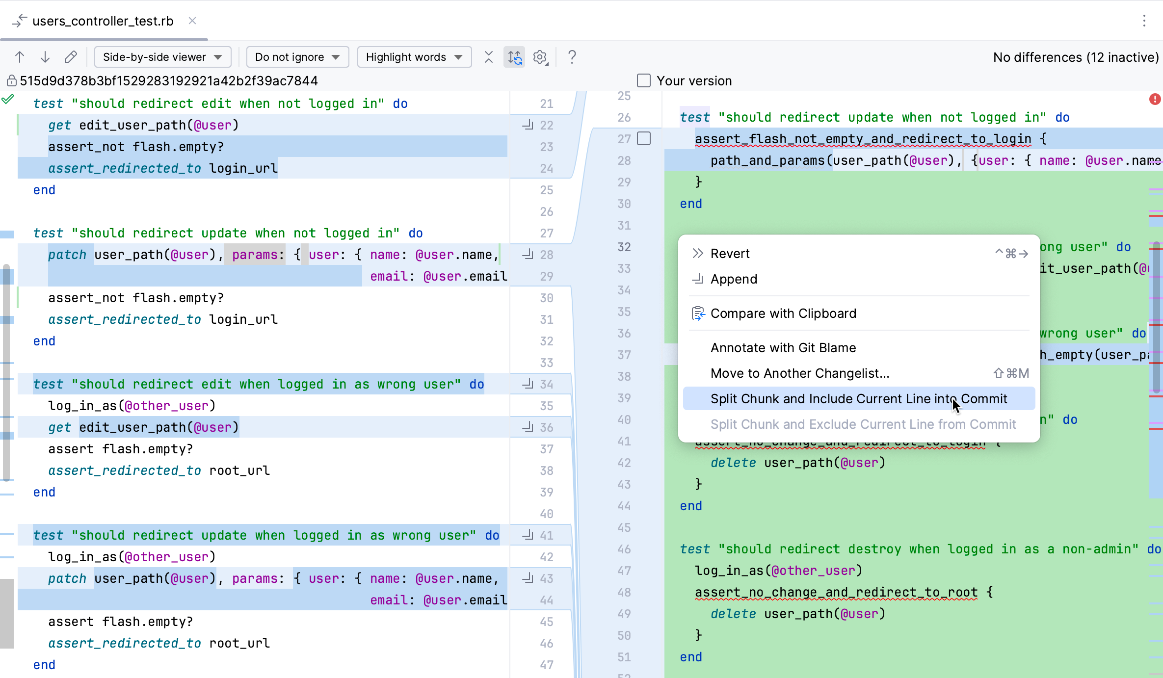 RubyMine: An option to include the current line in commit in the context menu