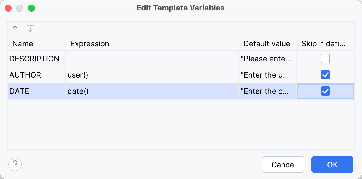 Edit template variables dialog Edit template variables dialog