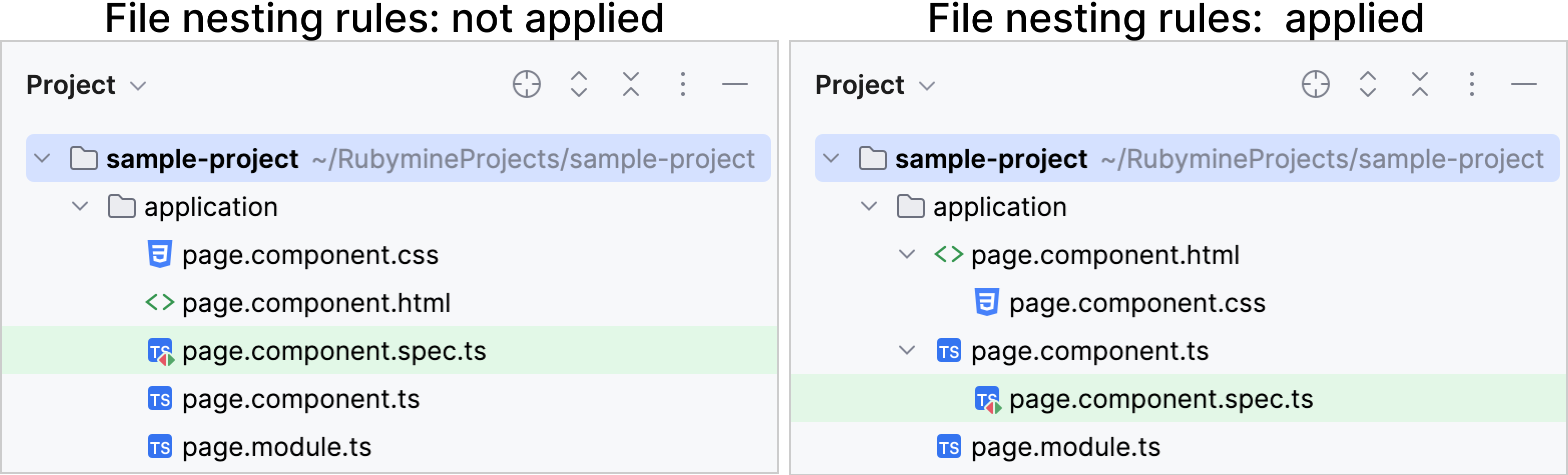 File nesting rules applied vs file nesting rules not applied File nesting rules applied vs file nesting rules not applied