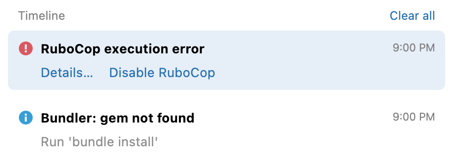 Timeline area showing a RuboCop execution error with Details link and a Bundler gem-not-found notification Timeline area showing a RuboCop execution error with Details link and a Bundler gem-not-found notification