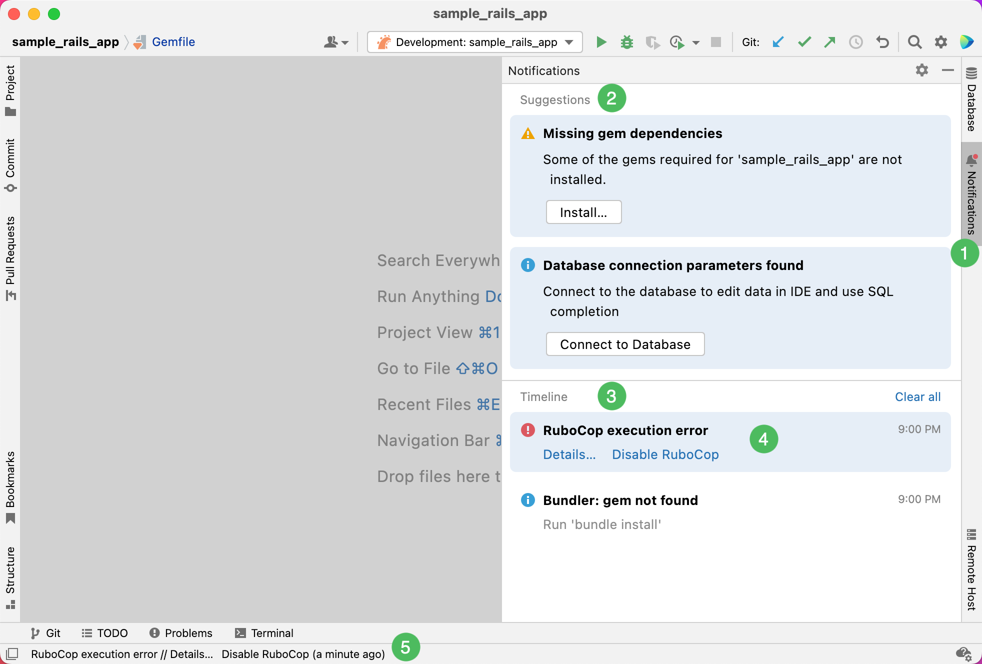 Notifications tool window in RubyMine with Suggestions and Timeline sections, showing gem dependency warnings and execution errors Notifications tool window in RubyMine with Suggestions and Timeline sections, showing gem dependency warnings and execution errors