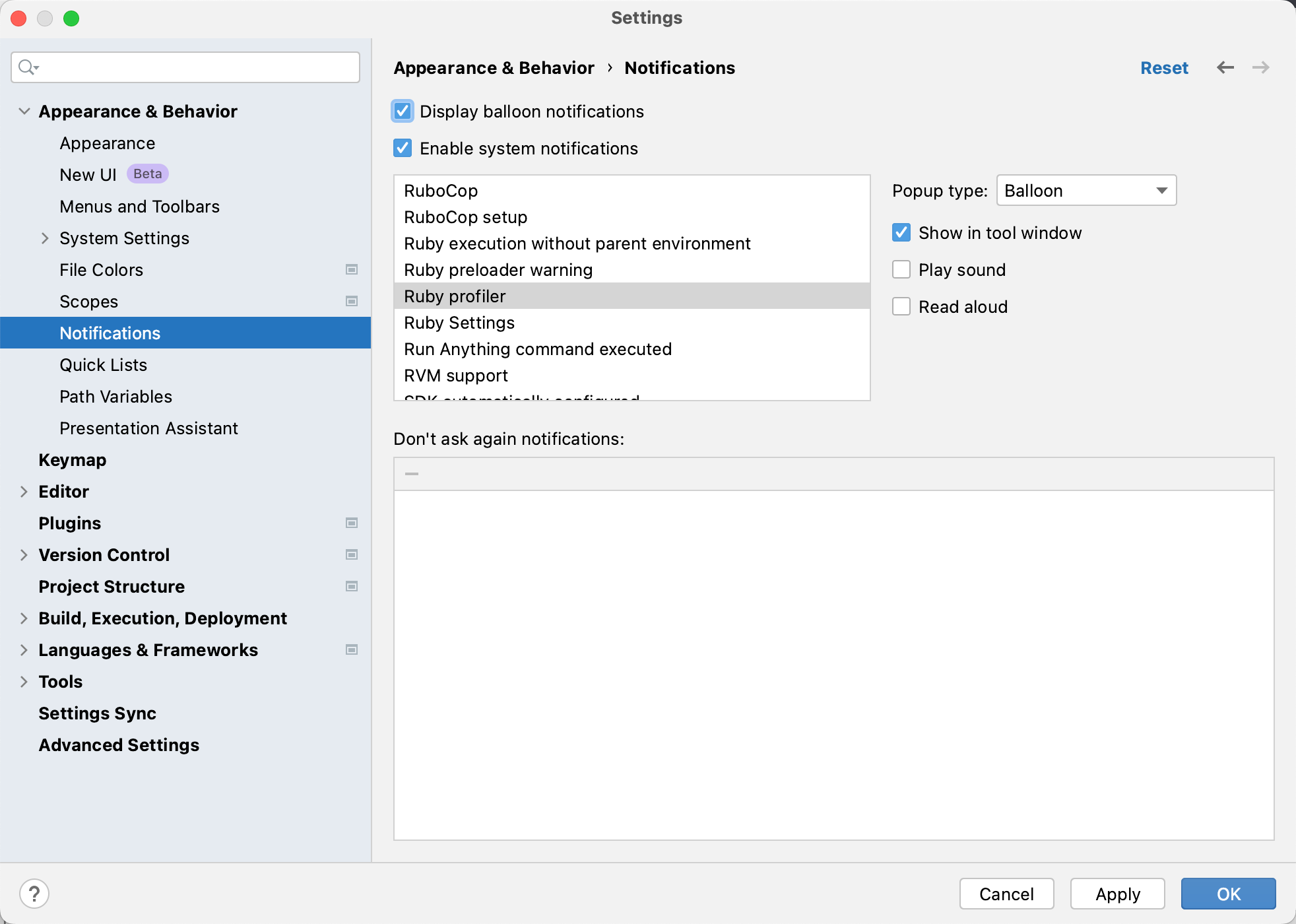 Notifications settings in RubyMine with Play sound and Read aloud checkboxes available but not selected for a notification type Notifications settings in RubyMine with Play sound and Read aloud checkboxes available but not selected for a notification type