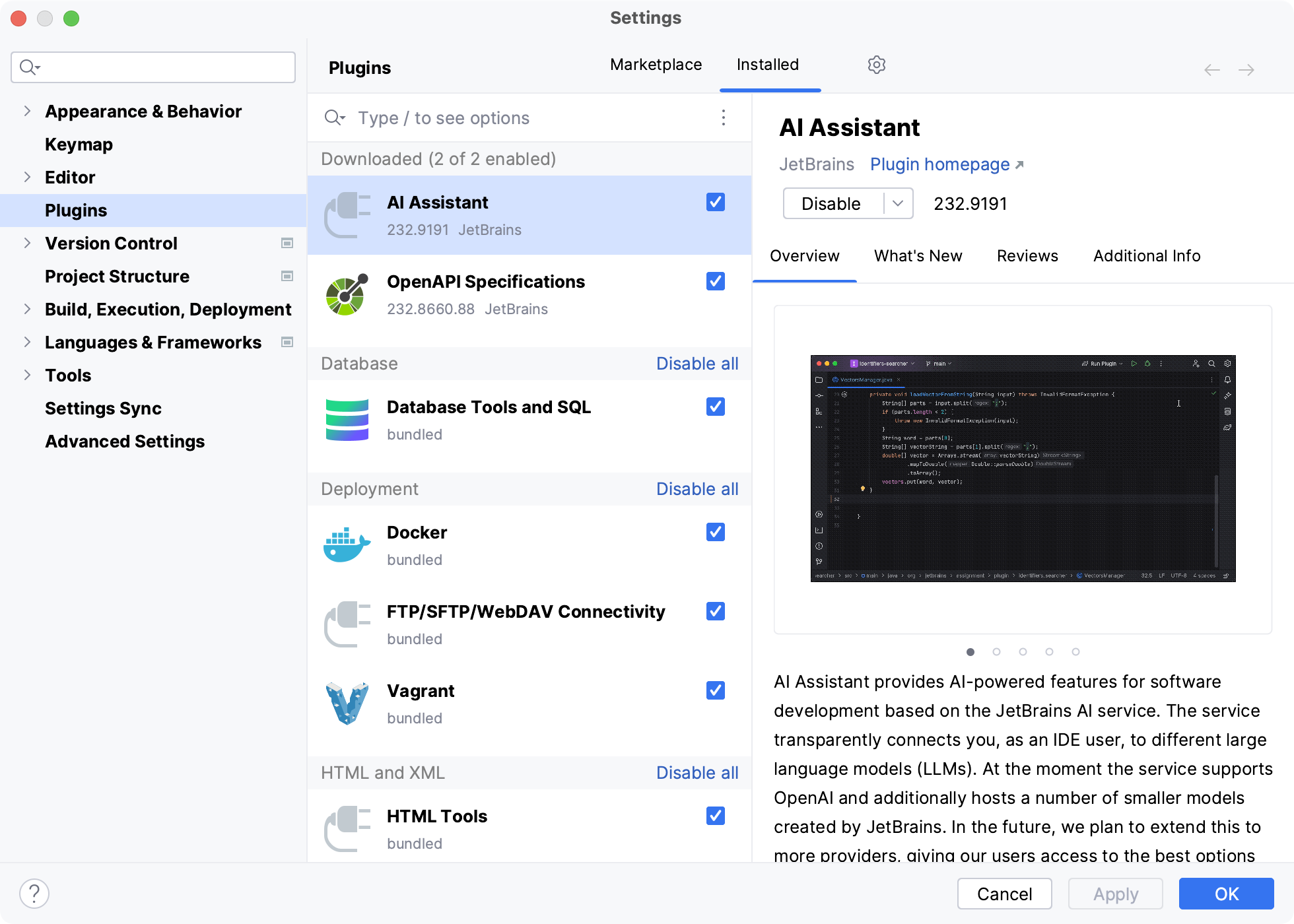 Plugins settings, Installed tab; AI Assistant plugin selected with its overview; bundled plugins listed by category below.