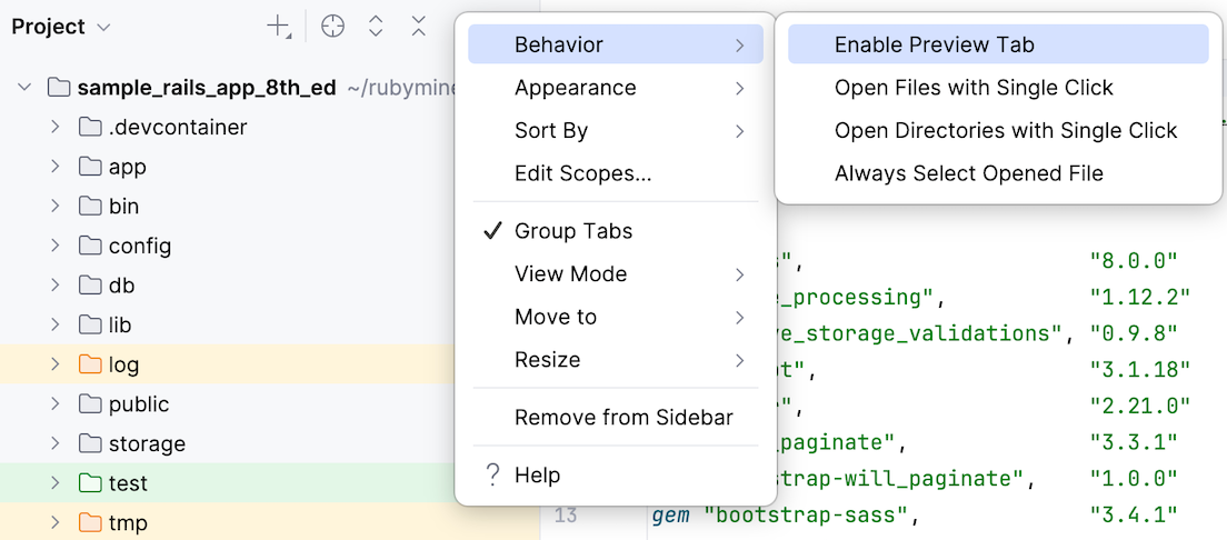 RubyMine Project view settings RubyMine Project view settings