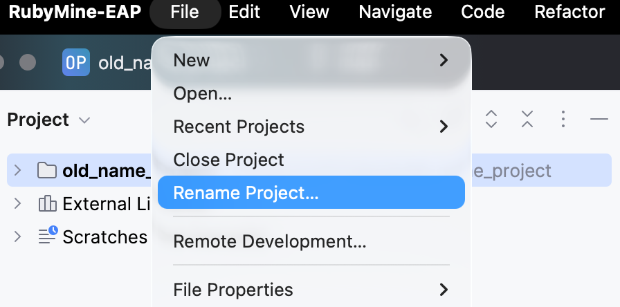 Selecting Rename Project from the main menu Selecting Rename Project from the main menu