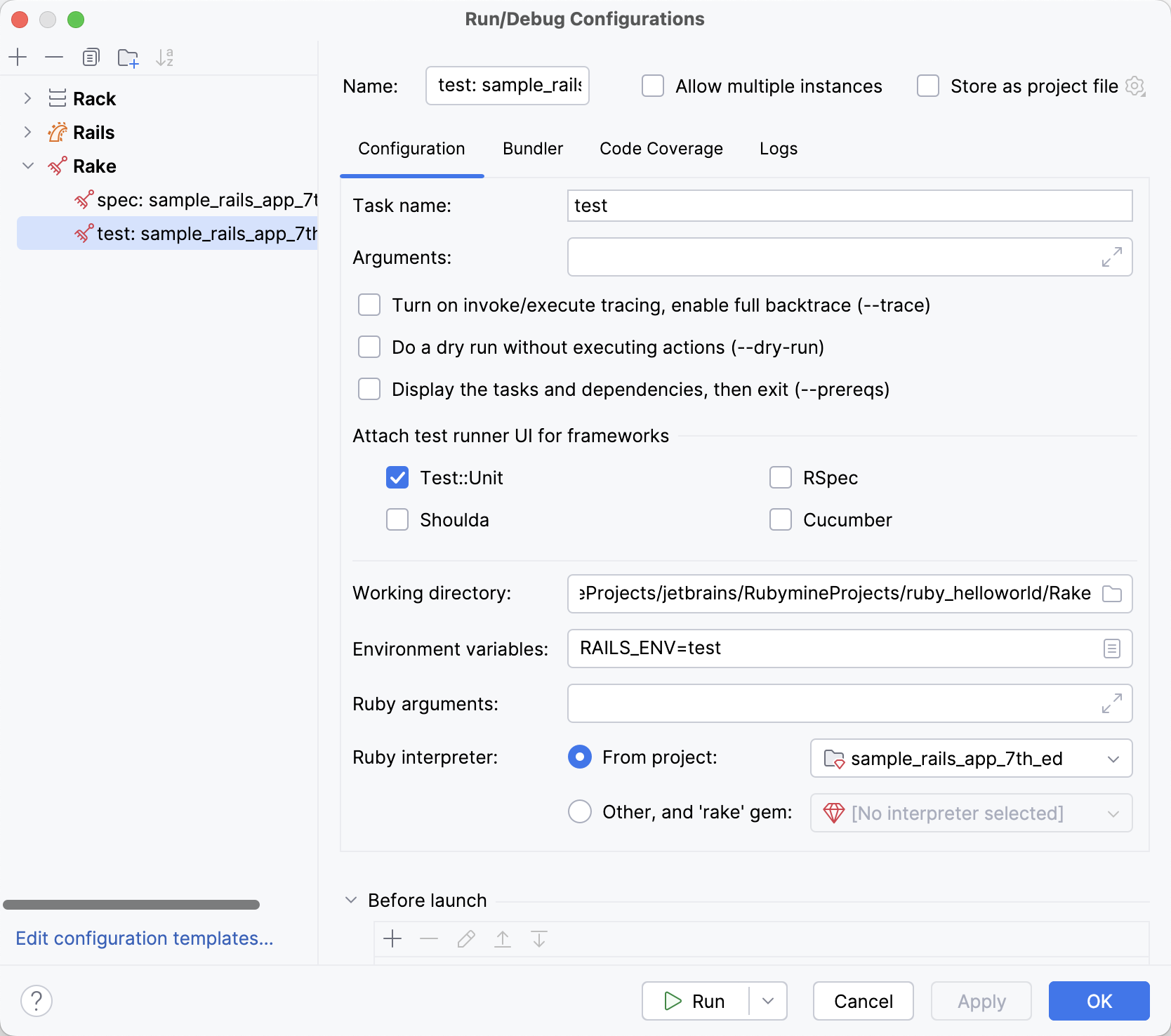 Run/Debug Configurations: Rake Run/Debug Configurations: Rake