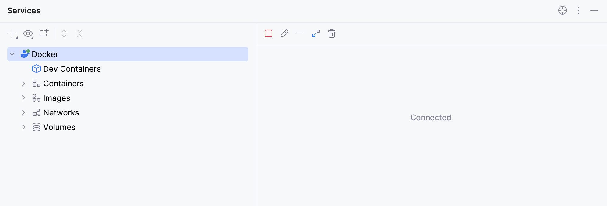 The Services tool window, connected to Docker