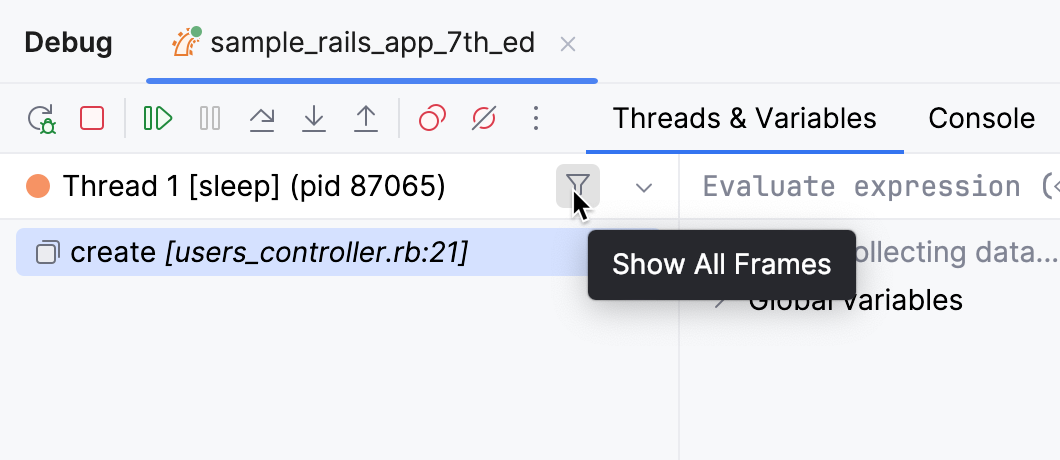 The Frames pane with collapsed framework calls and the Show All Frames icon in the top-right corner The Frames pane with collapsed framework calls and the Show All Frames icon in the top-right corner