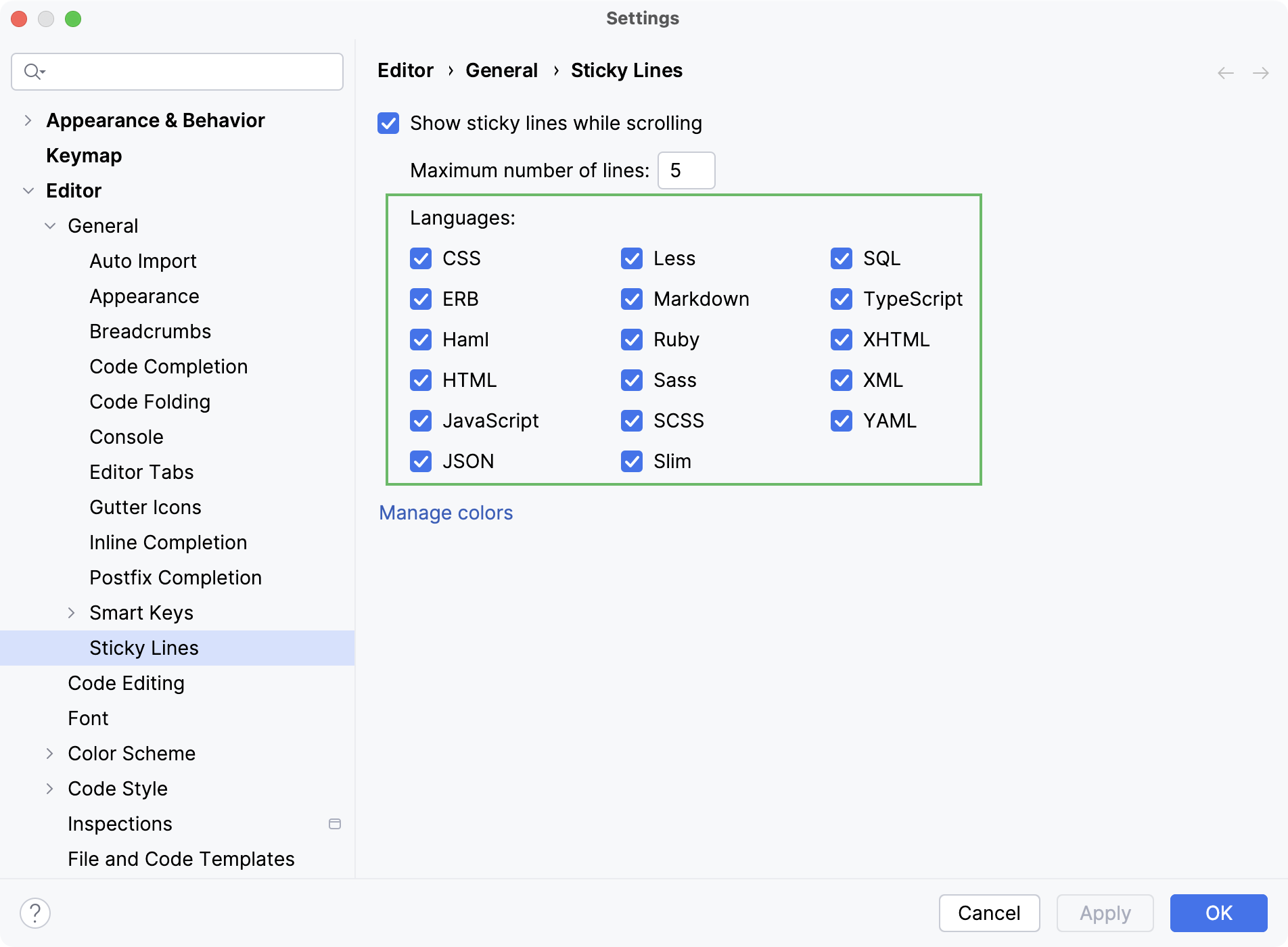 Disable sticky lines for specific languages in the IDE settings Disable sticky lines for specific languages in the IDE settings