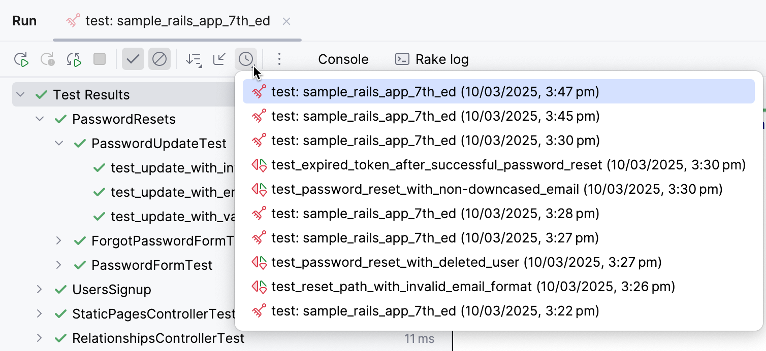 Viewing results of previous tests