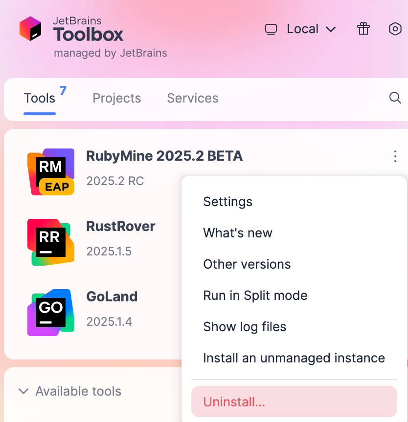Uninstall RubyMine using the Toolbox App Uninstall RubyMine using the Toolbox App