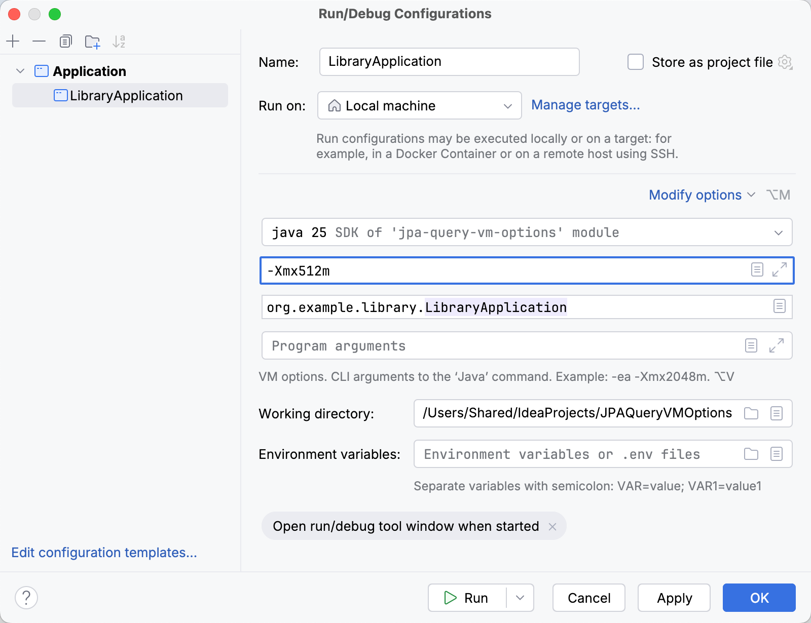 VM options field in the Run/Debug Configurations dialog populated with -Xmx512m VM options field in the Run/Debug Configurations dialog populated with -Xmx512m