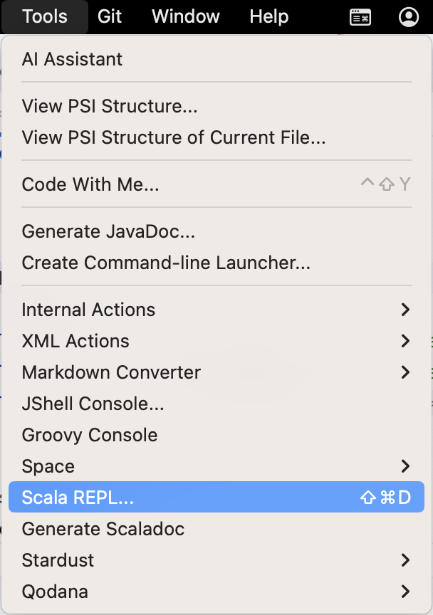 工具窗口中的 Scala REPL