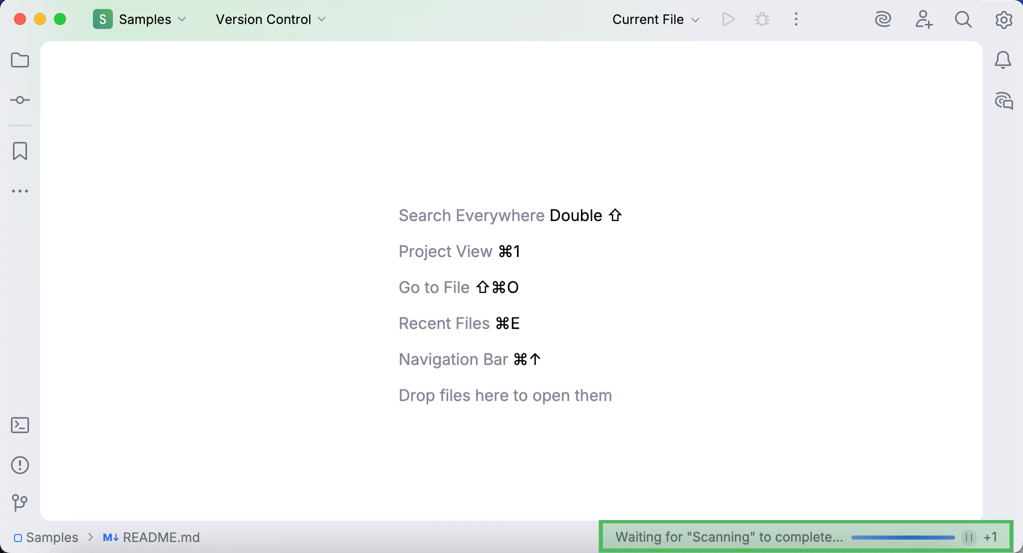 Waiting for scanning to complete in the lower-right corner of PhpStorm