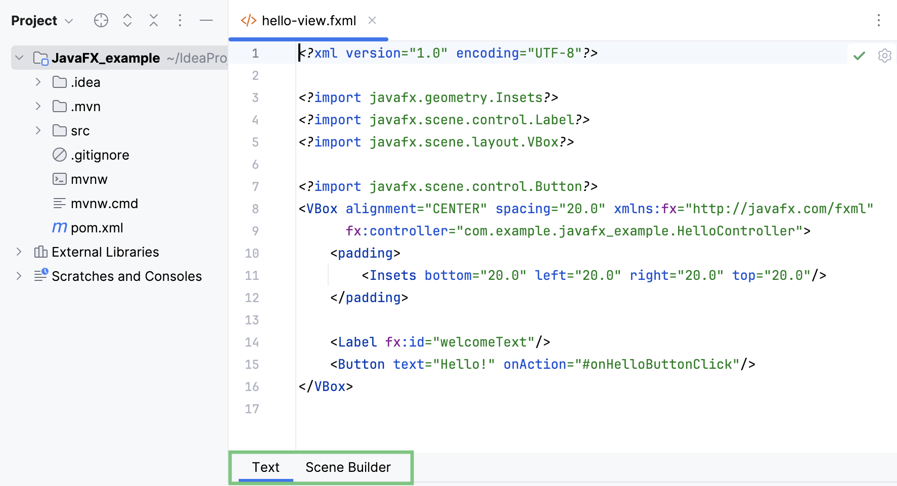 编辑器中的文本和 Scene Builder 选项卡 编辑器中的文本和 Scene Builder 选项卡