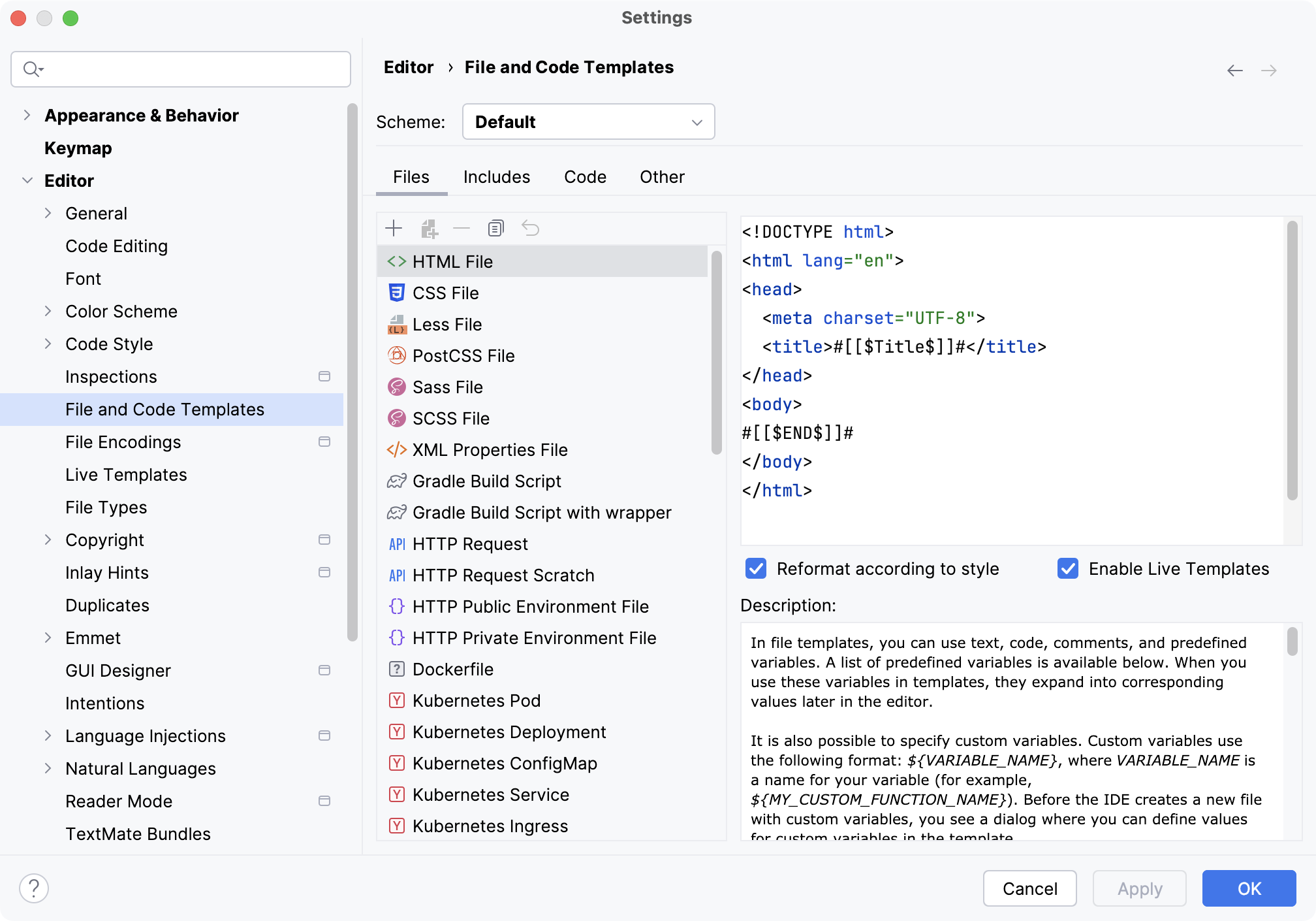 The File and Codes Templates page The File and Codes Templates page