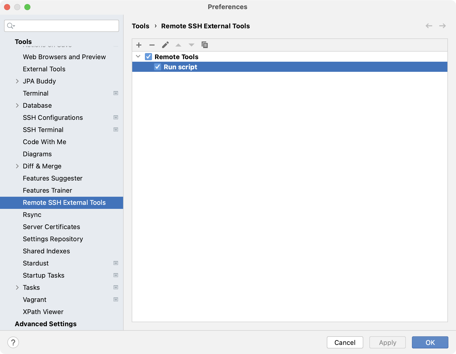 The Remote SSH External Tools settings page The Remote SSH External Tools settings page