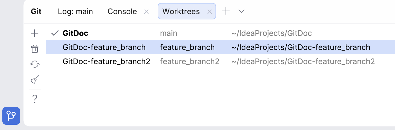Worktrees tab in the Git tool window with several worktrees Worktrees tab in the Git tool window with several worktrees