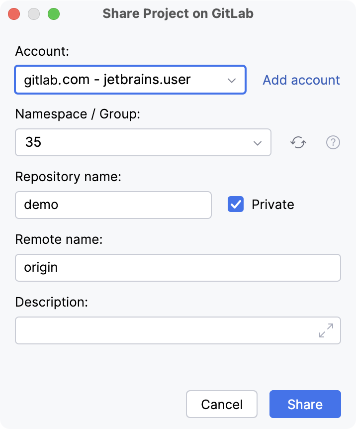 Share Project on GitLab dialog Share Project on GitLab dialog
