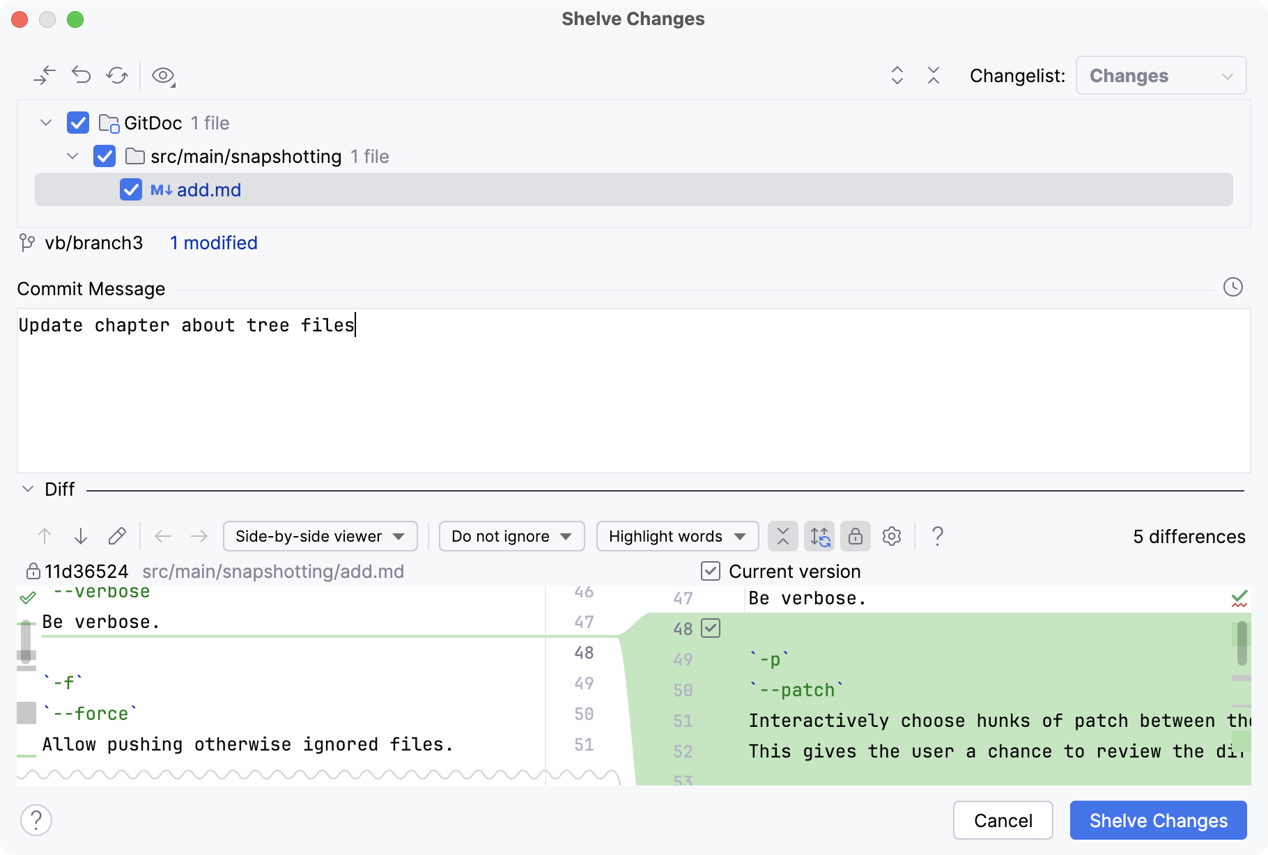 Shelve dialog