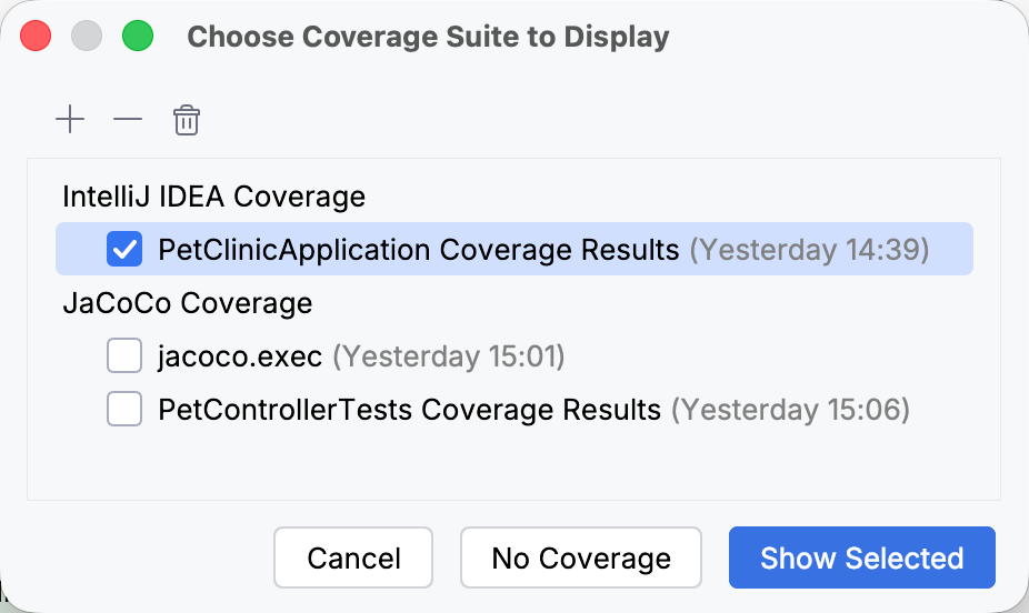 Choose Coverage Suite to Display dialog Choose Coverage Suite to Display dialog