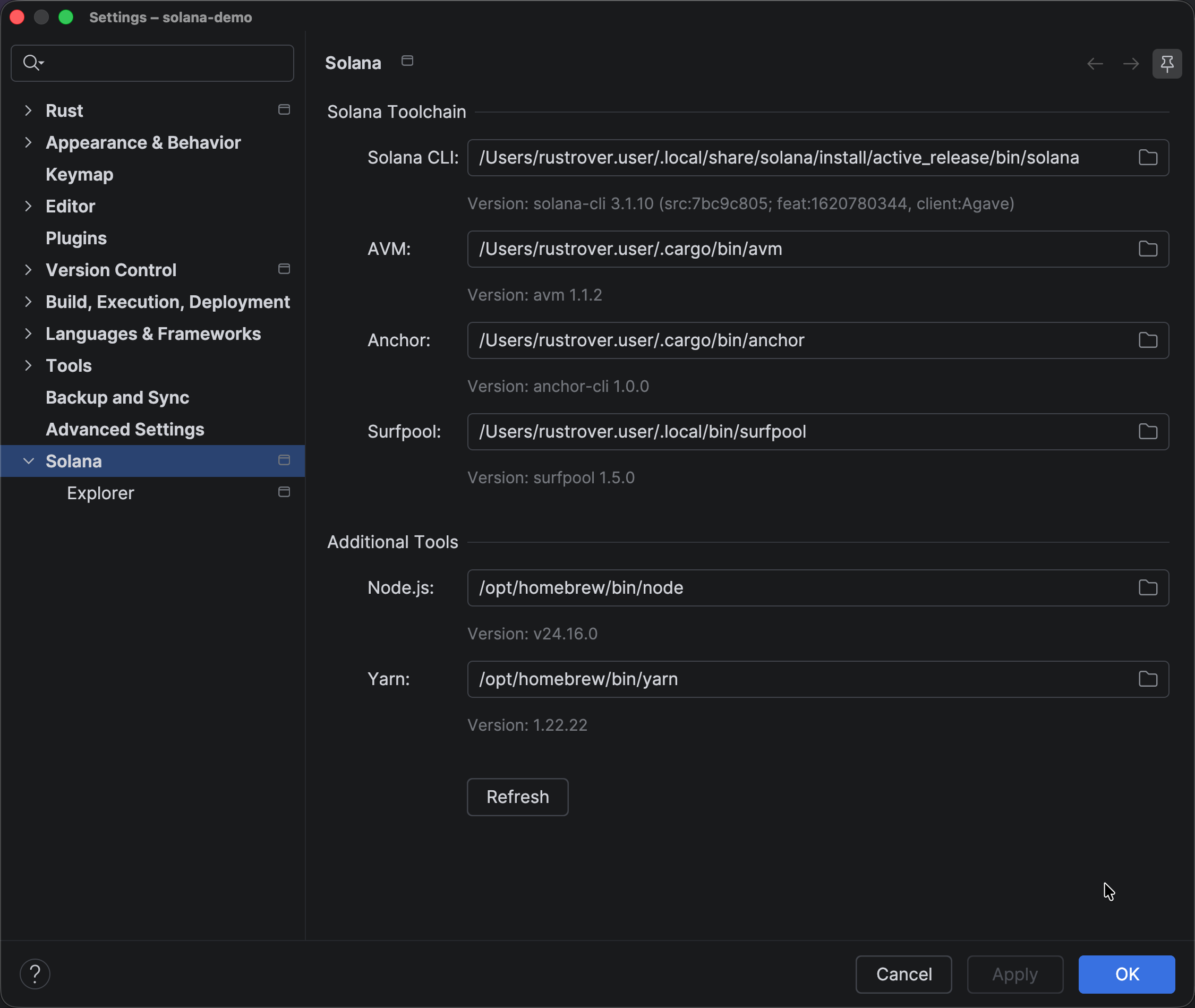 Solana settings showing configured tool paths and detected versions Solana settings showing configured tool paths and detected versions