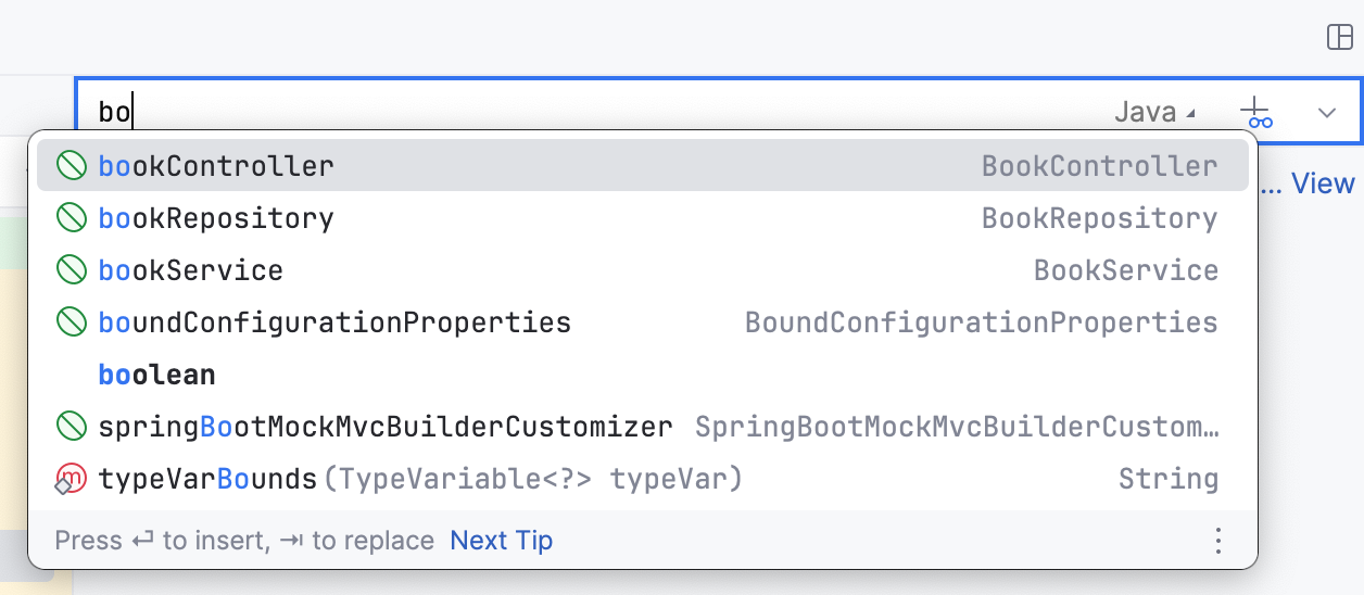 A popup shows possible symbols to complete an expression