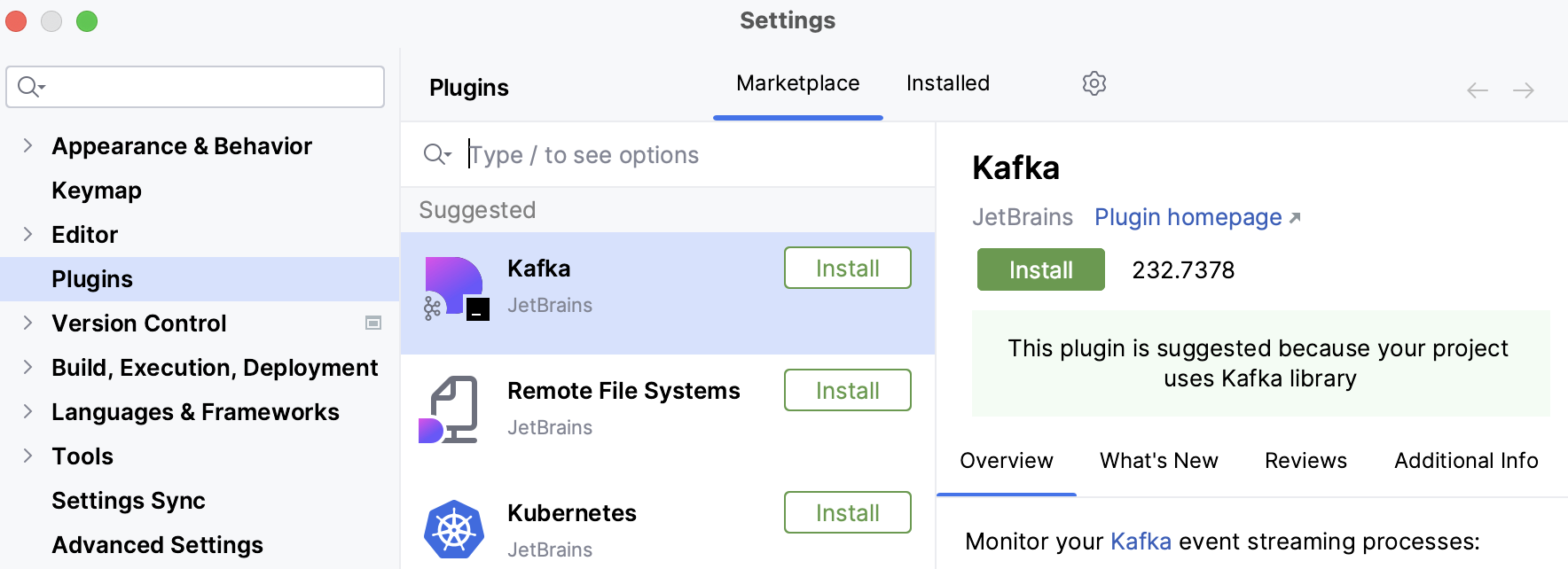 Plugins Marketplace tab showing Suggested section with Kafka, Remote File Systems, and Kubernetes plugins available to install.