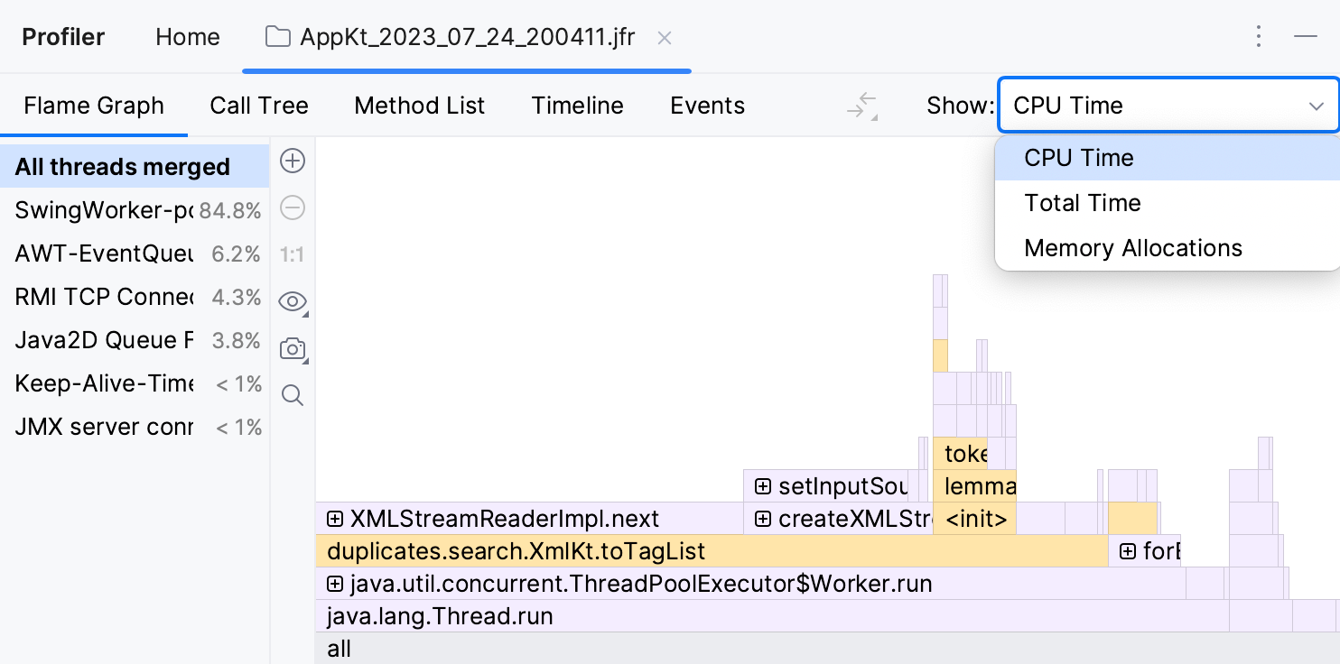 Profiler 工具窗口右上角的 Show 菜单 Profiler 工具窗口右上角的 Show 菜单