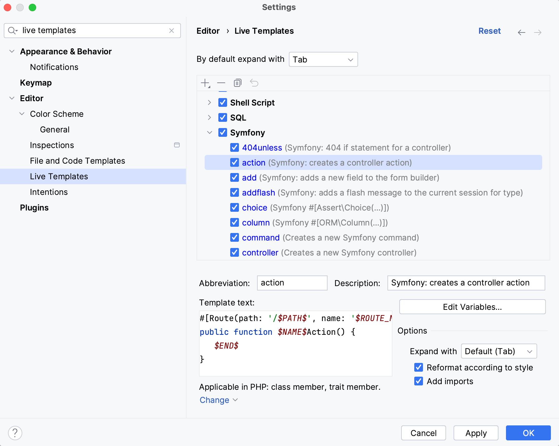 Symfony live templates settings Symfony live templates settings
