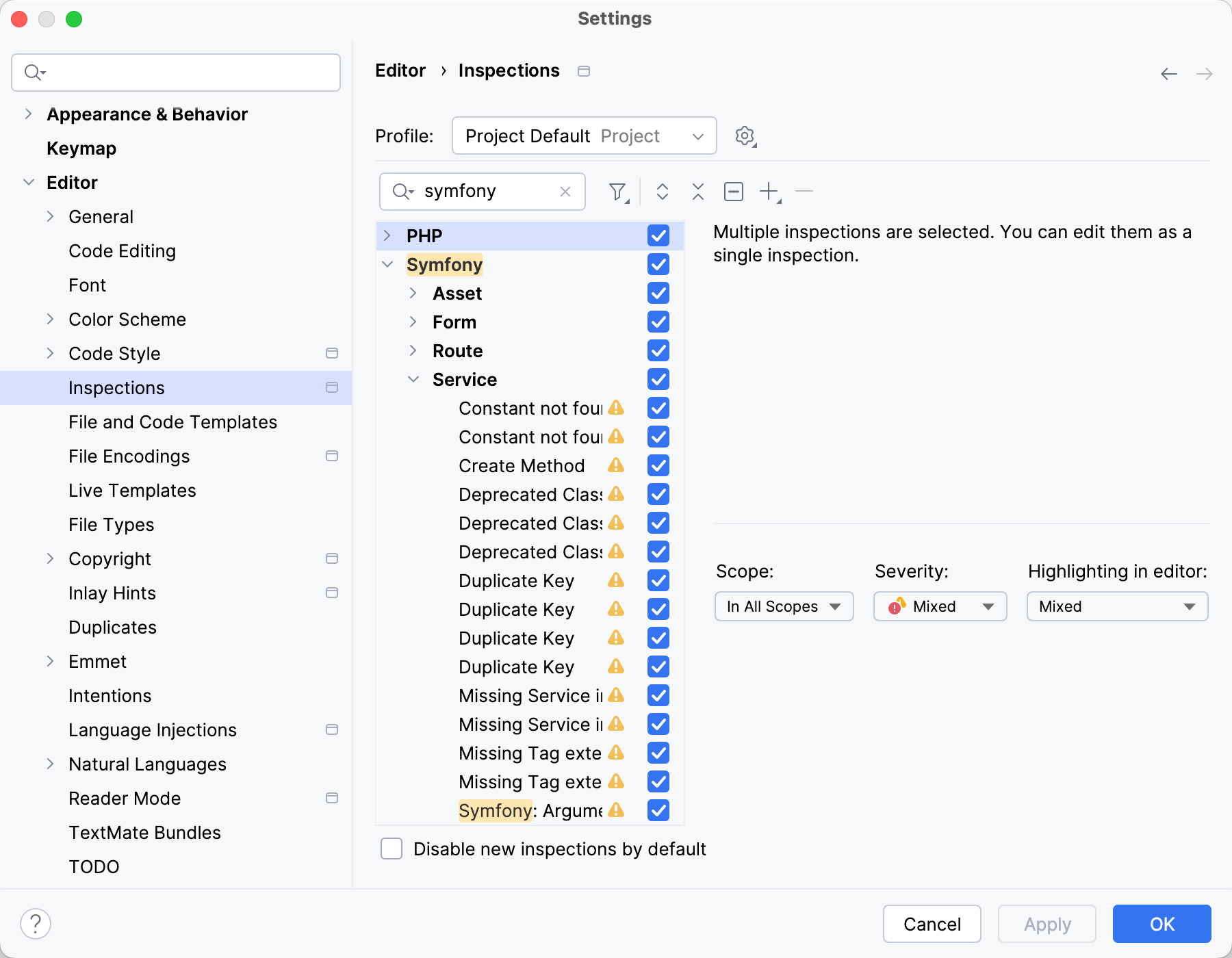 Code inspections for Symfony services Code inspections for Symfony services