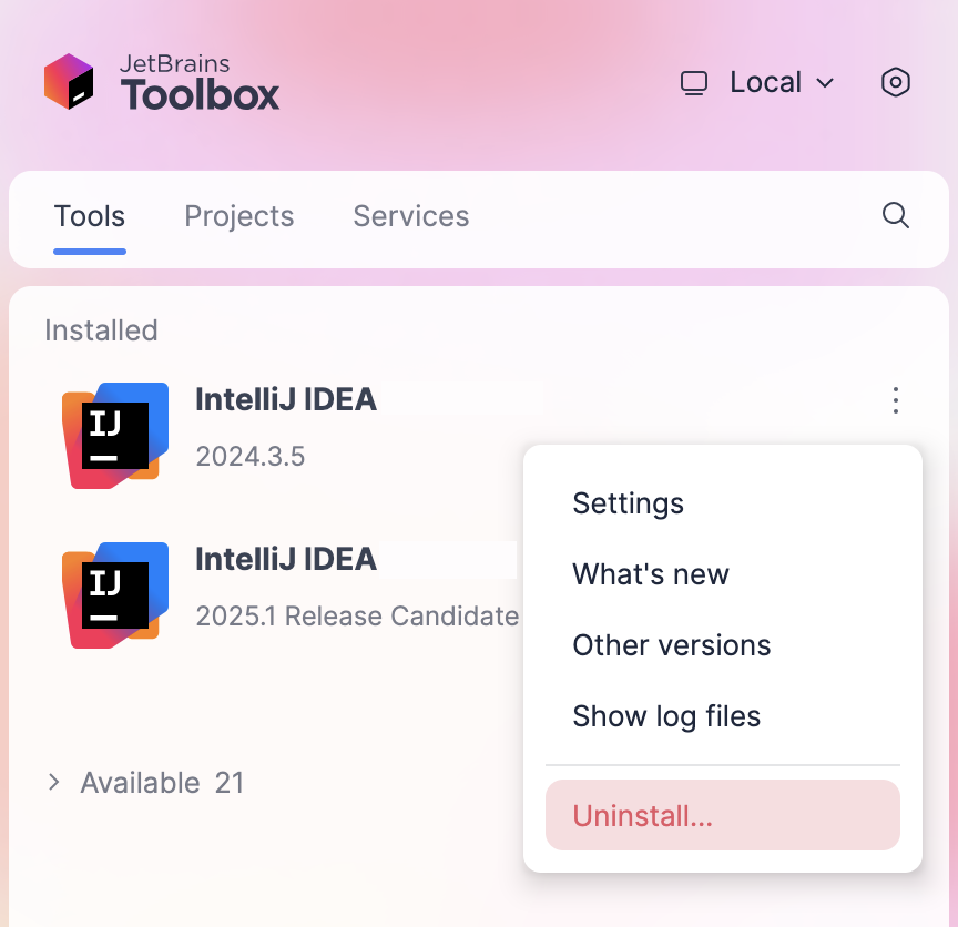 使用 Toolbox App 卸载 IntelliJ IDEA