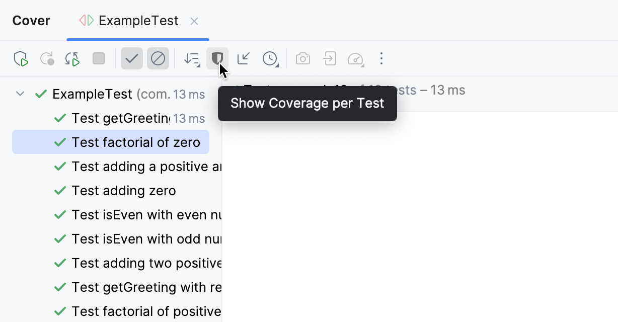 Show Coverage per Test button on the toolbar Show Coverage per Test button on the toolbar