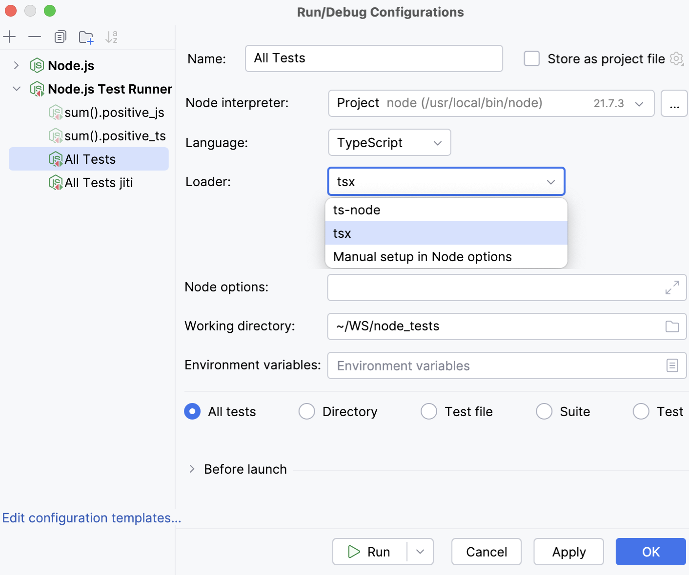 Node.js Test Runner run/debug configuration Node.js Test Runner run/debug configuration