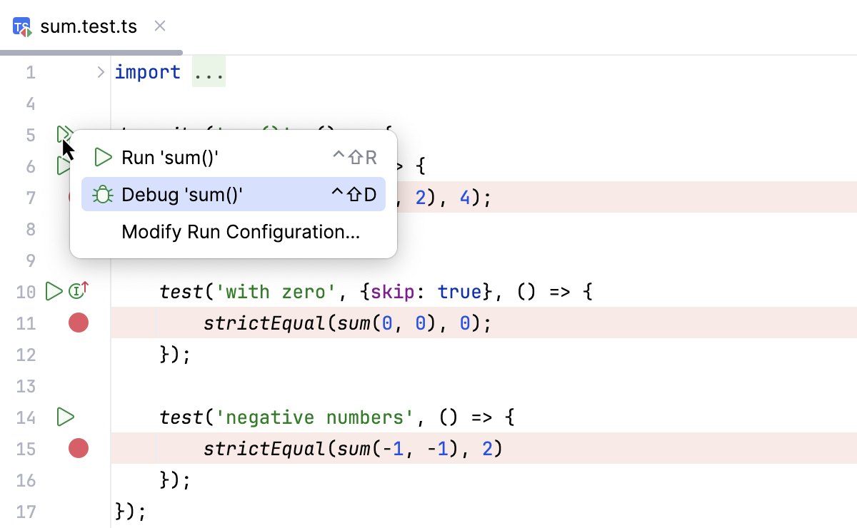 TypeScript testing: debug a suite from the editor TypeScript testing: debug a suite from the editor