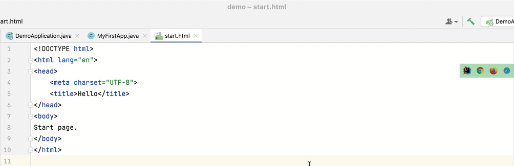 The created HTML file in the IDE editor The created HTML file in the IDE editor