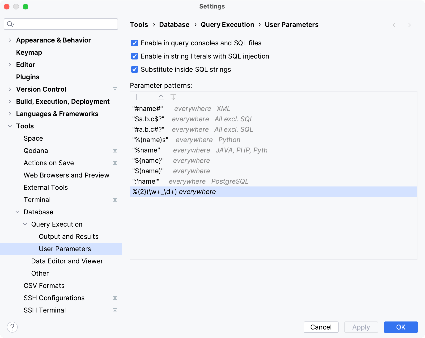 Example of a parameter pattern in IDE Settings dialog Example of a parameter pattern in IDE Settings dialog
