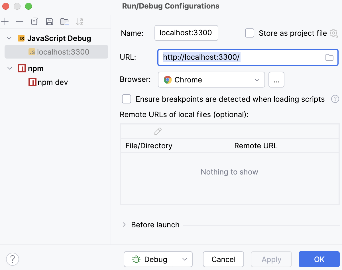 Create a JavaScript Debug configuration: specify the URL Create a JavaScript Debug configuration: specify the URL