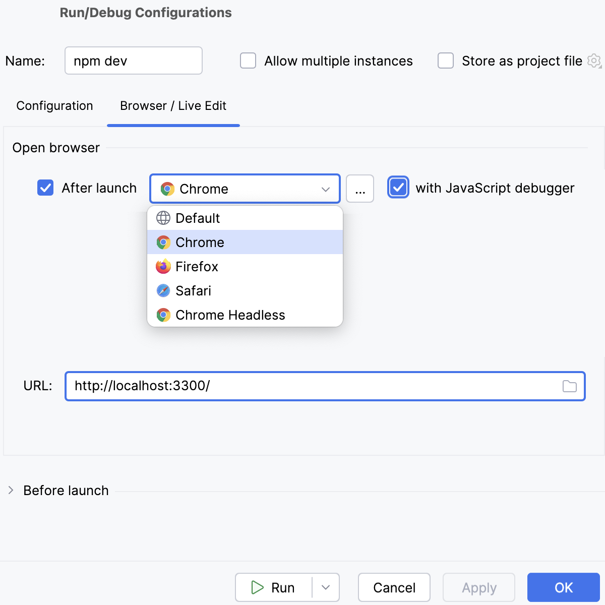 npm configuration, Browser tab npm configuration, Browser tab